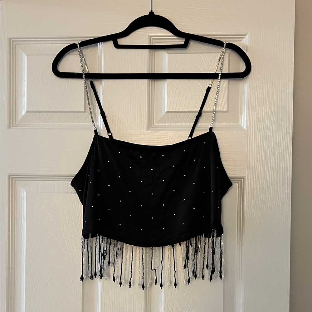 Urban Outfitters Black Rhinestone Fringe Cami